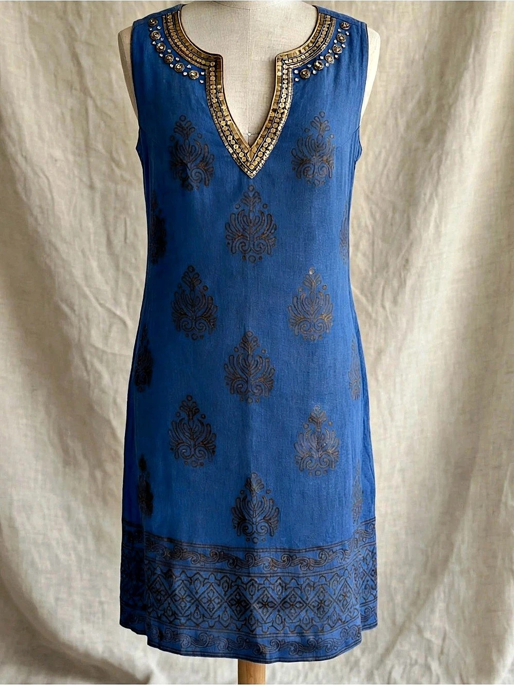 Soft Surroundings Blue 100% Linen Dress XS Gold Block Print Sequin Beaded Boho